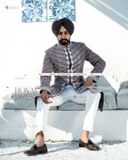 Earthy Elegance: Hand-Embroidered Achkan with Pants