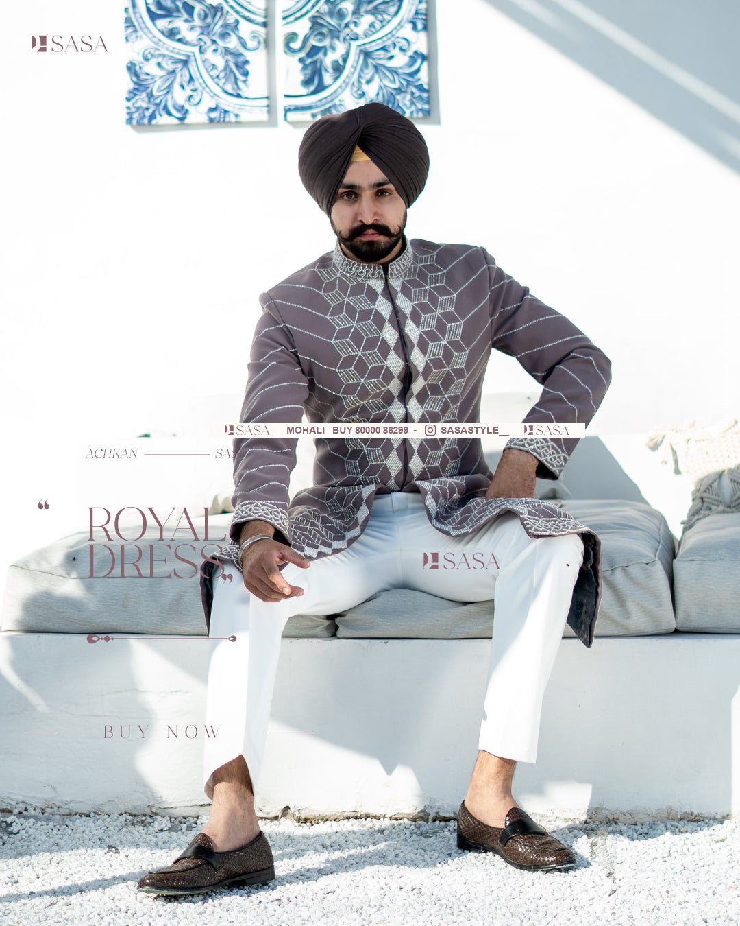 Earthy Elegance: Hand-Embroidered Achkan with Pants