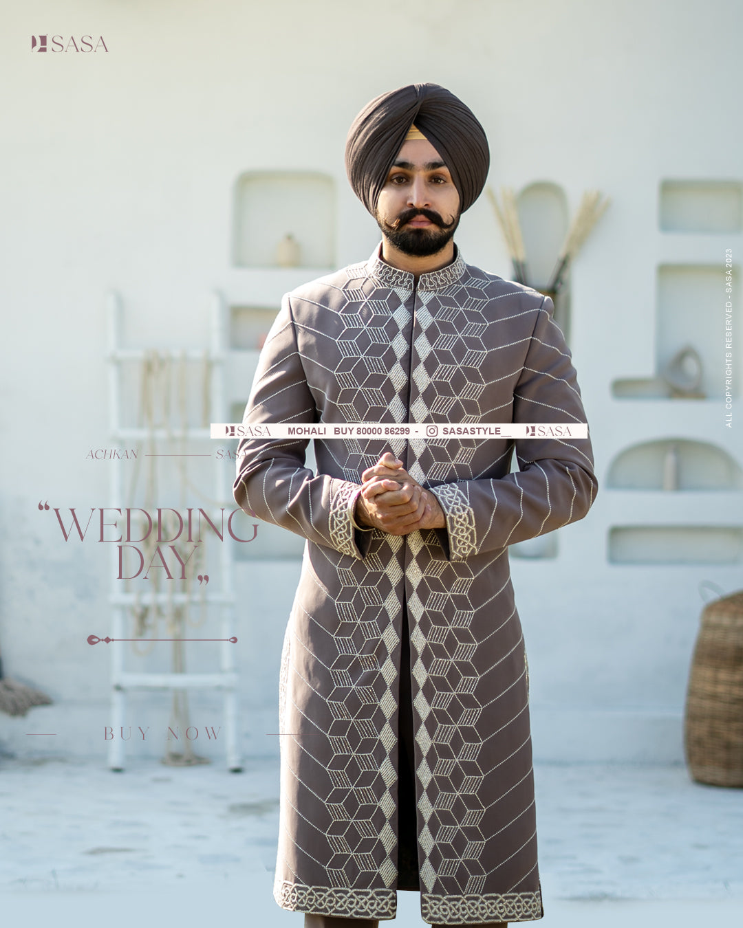 Earthy Elegance: Hand-Embroidered Achkan with Pants