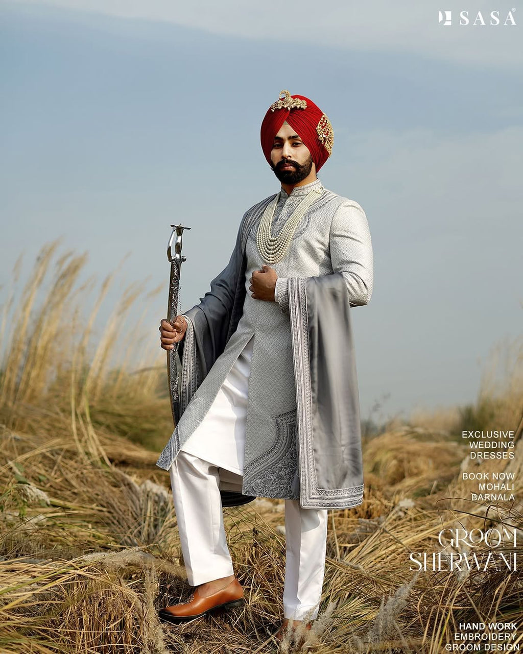 Elegant Grey Groom Sherwani Set with Handcrafted Border Palla