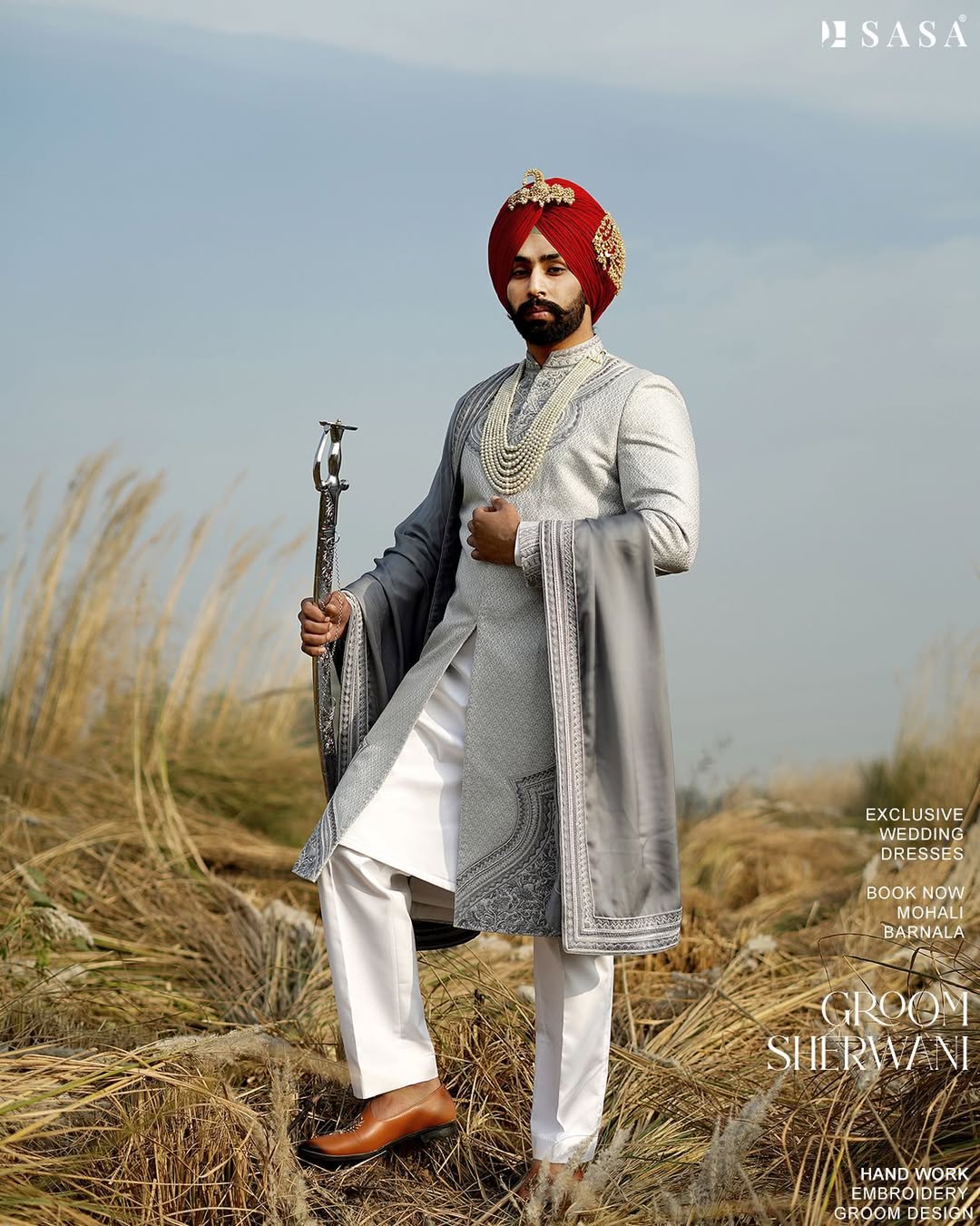Elegant Grey Groom Sherwani Set with Handcrafted Border Palla
