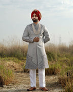 Elegant Grey Groom Sherwani Set with Handcrafted Border Palla