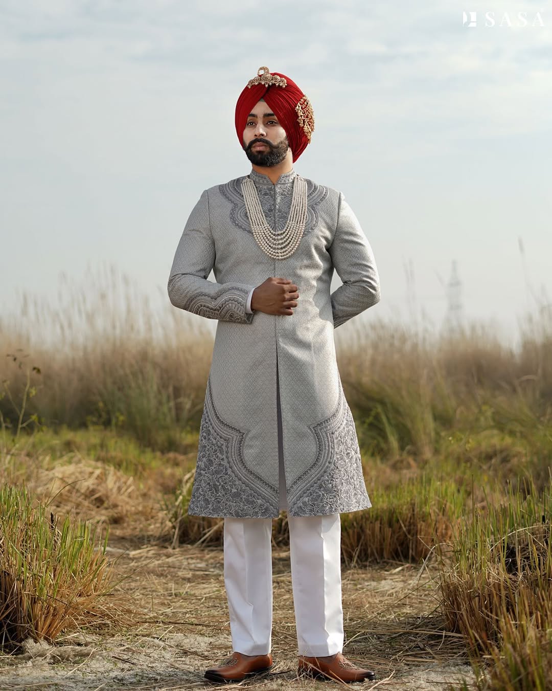 Elegant Grey Groom Sherwani Set with Handcrafted Border Palla