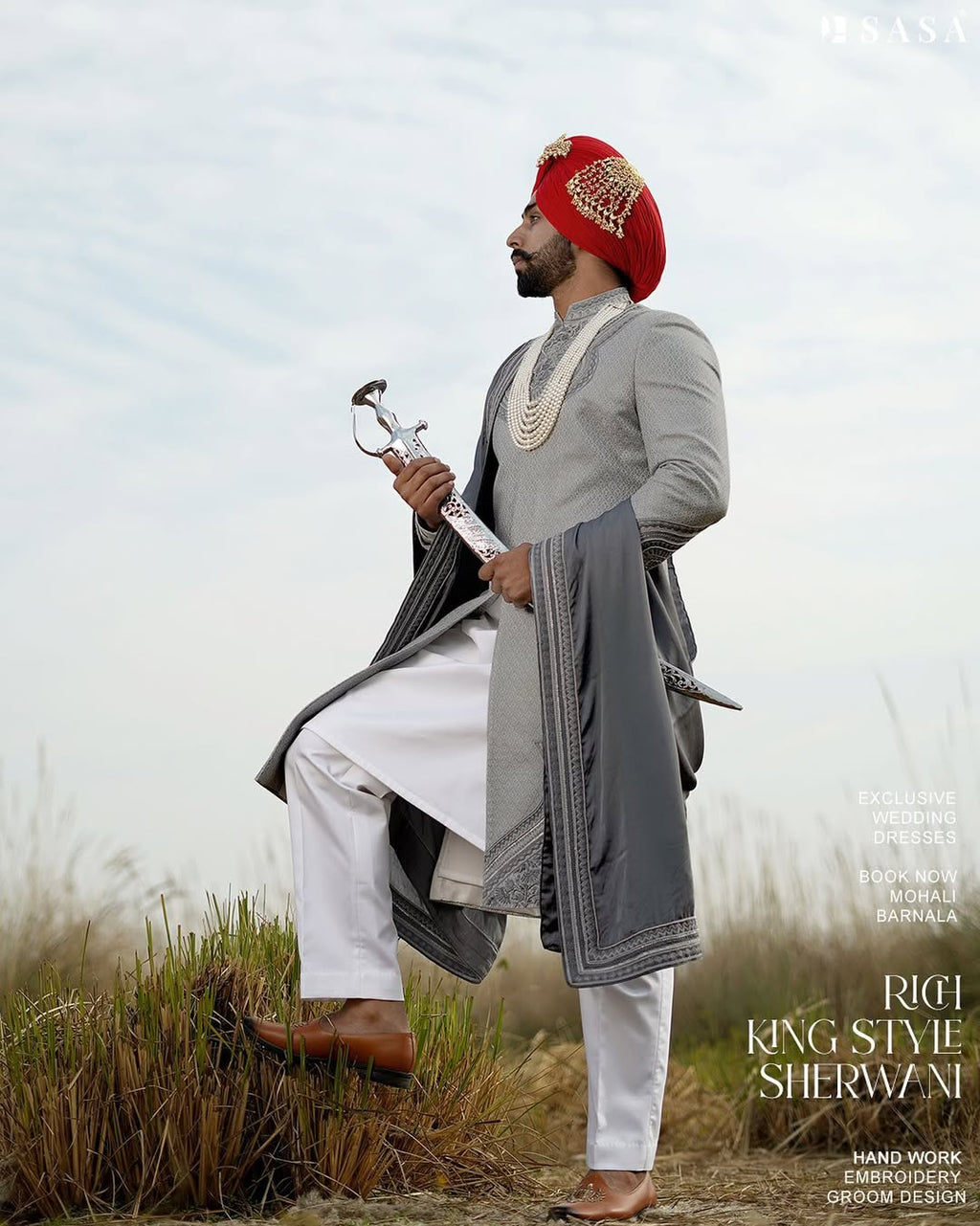 Elegant Grey Groom Sherwani Set with Handcrafted Border Palla
