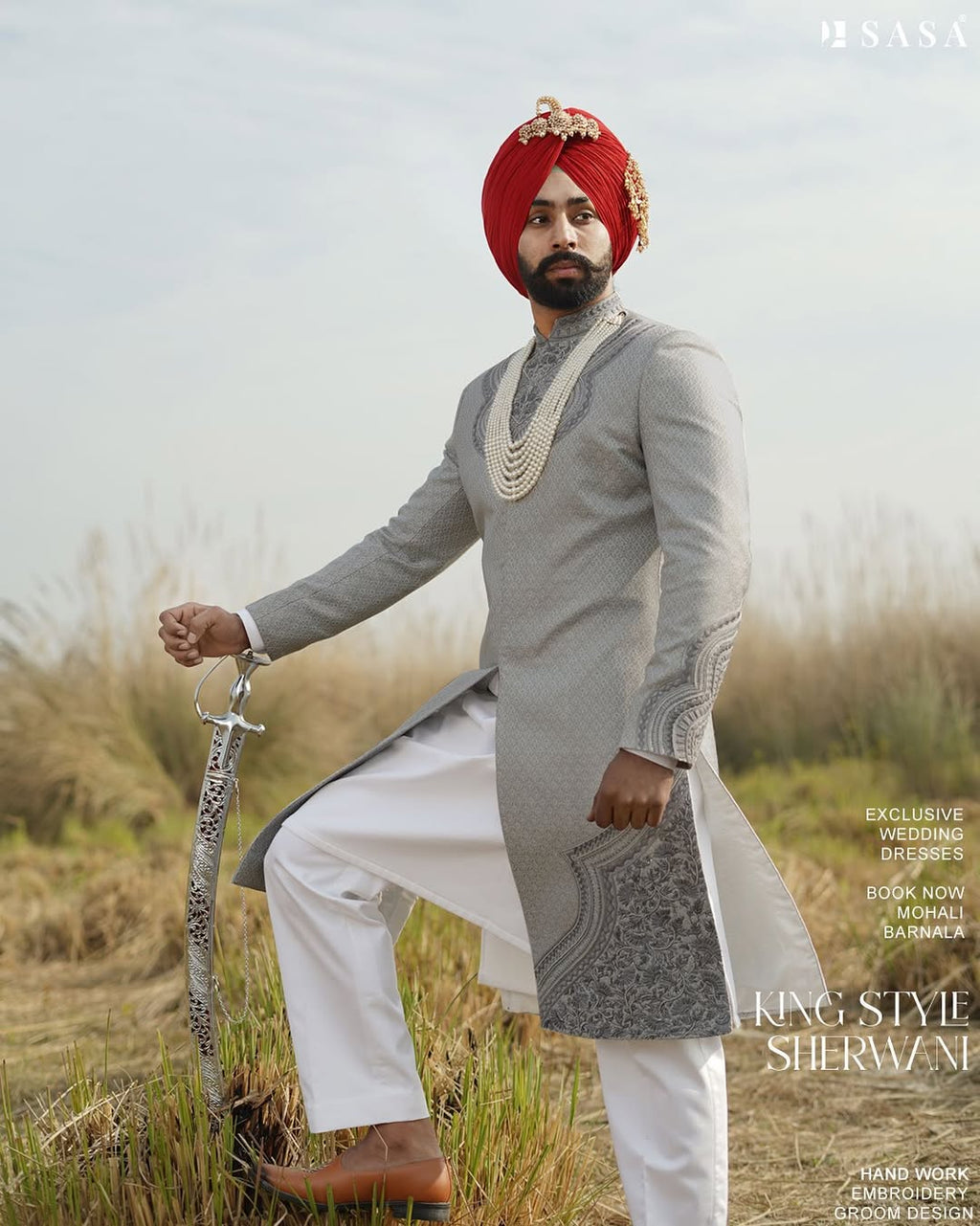 Elegant Grey Groom Sherwani Set with Handcrafted Border Palla