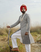 Elegant Grey Groom Sherwani Set with Handcrafted Border Palla