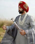 Elegant Grey Groom Sherwani Set with Handcrafted Border Palla