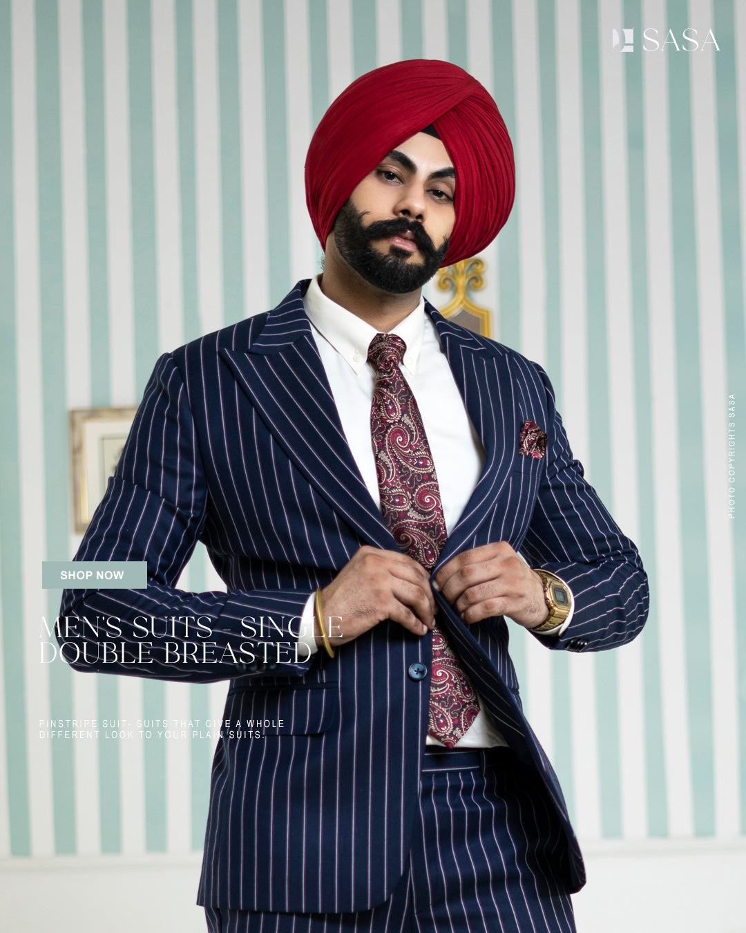 Elegant Navy Blue Two-Piece Suit with White Stripes
