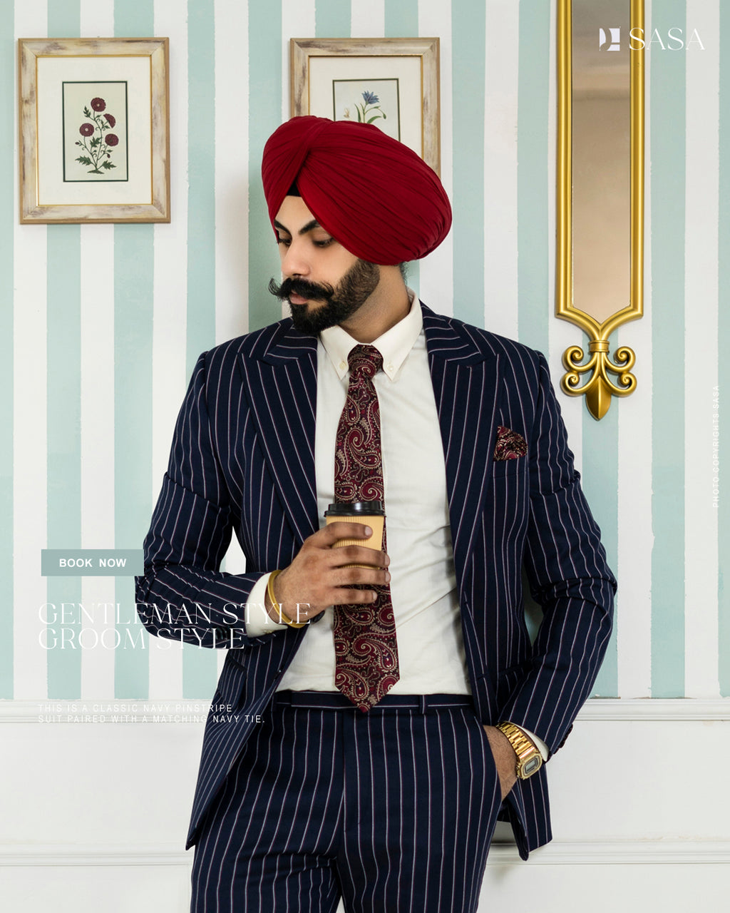 Elegant Navy Blue Two-Piece Suit with White Stripes