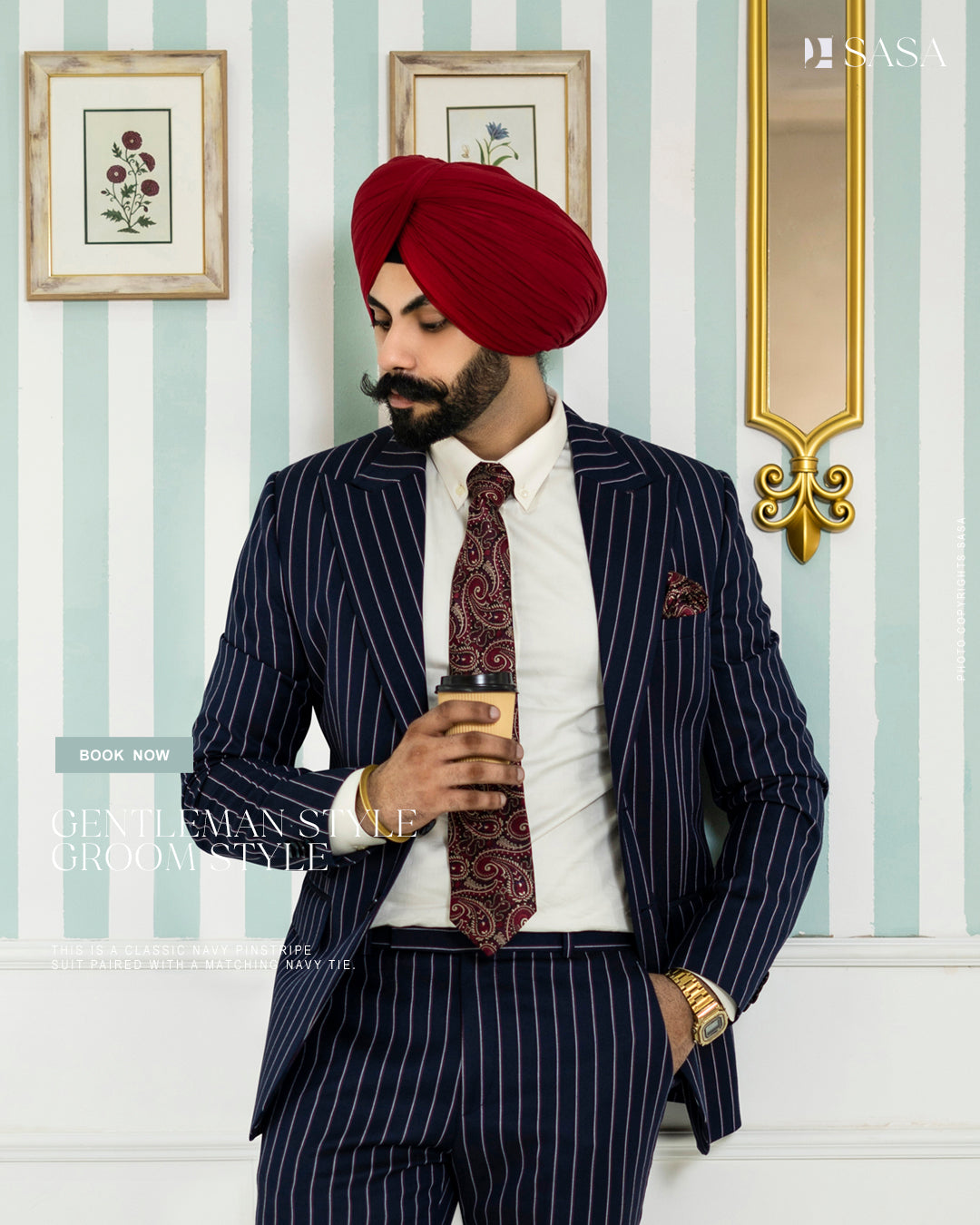 Elegant Navy Blue Two-Piece Suit with White Stripes