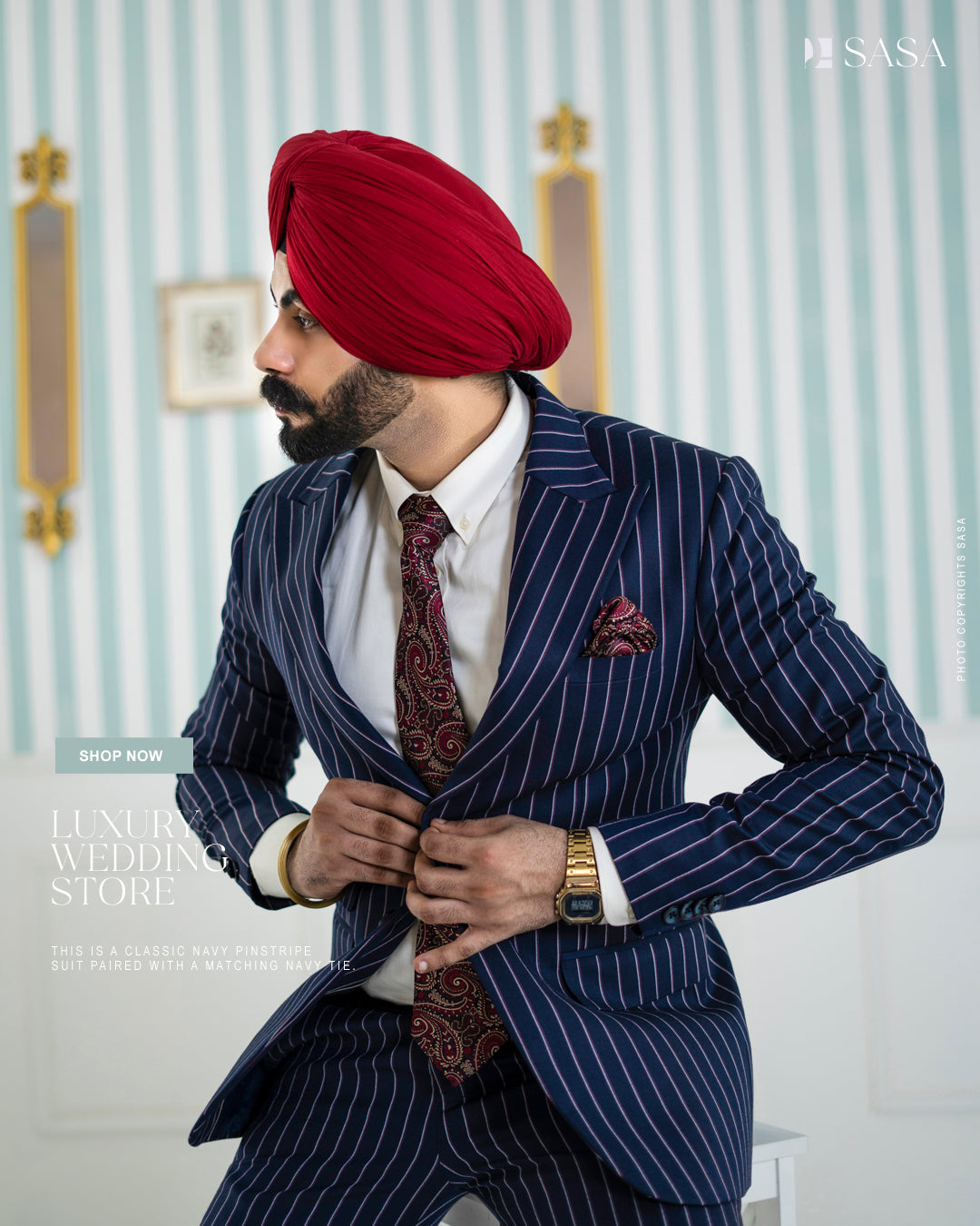 Elegant Navy Blue Two-Piece Suit with White Stripes
