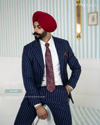 Elegant Navy Blue Two-Piece Suit with White Stripes