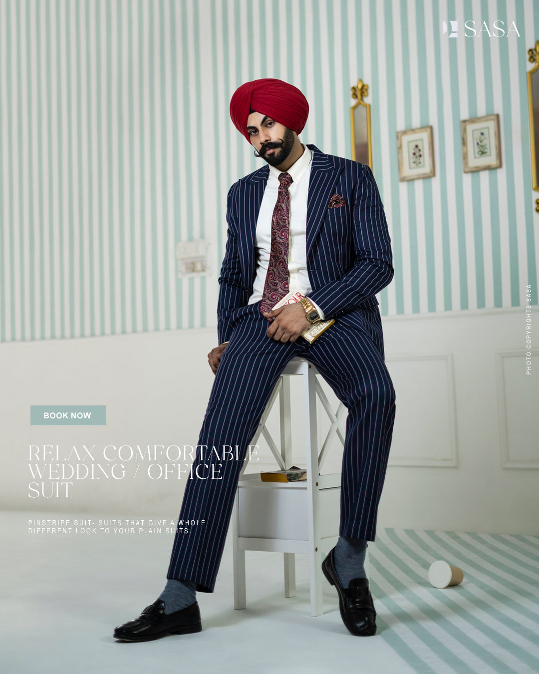 Elegant Navy Blue Two-Piece Suit with White Stripes