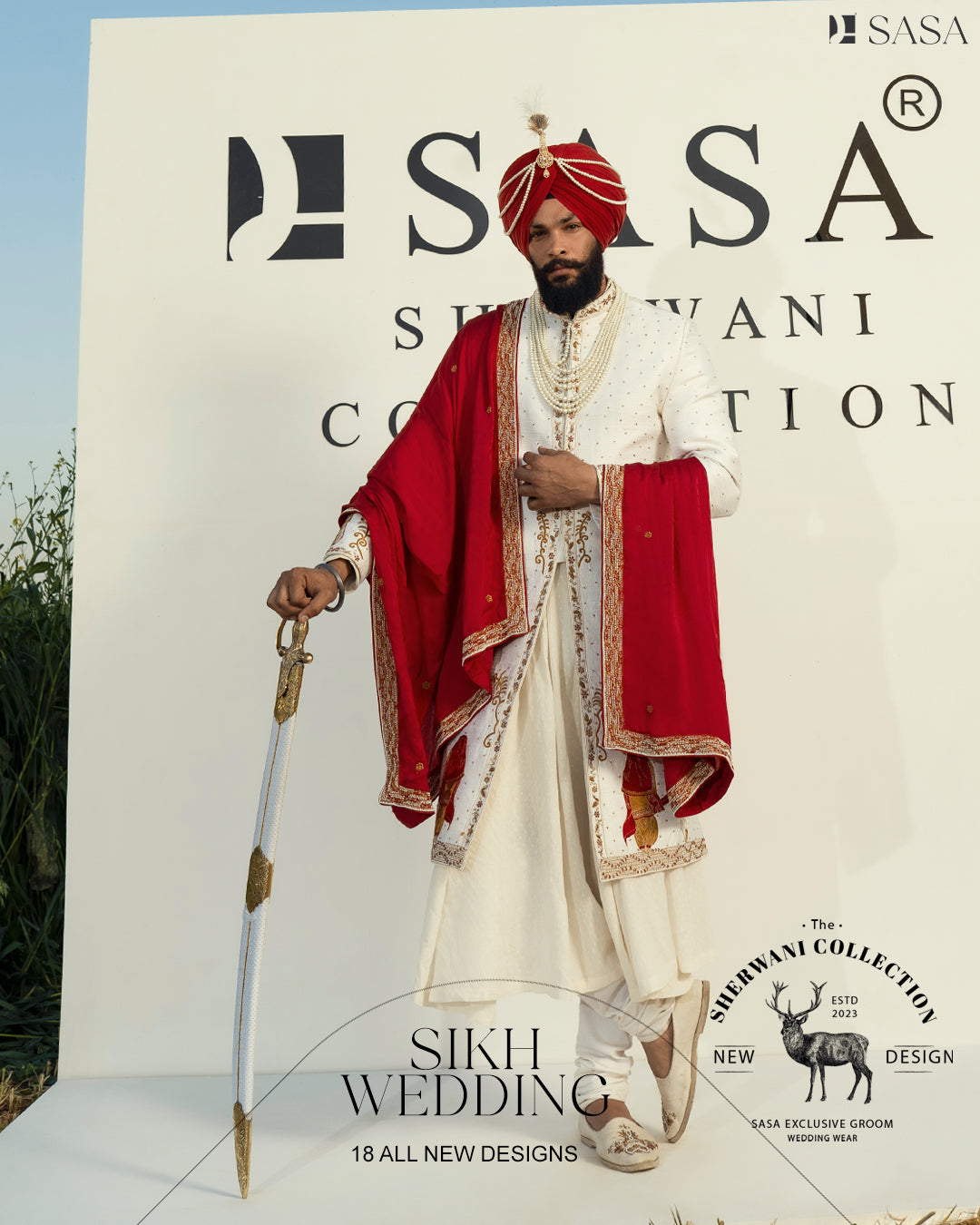 Elegant Off-White Sherwani Complemented by Rich Red Palla
