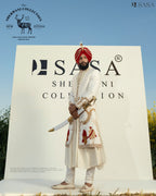 Elegant Off-White Sherwani Complemented by Rich Red Palla