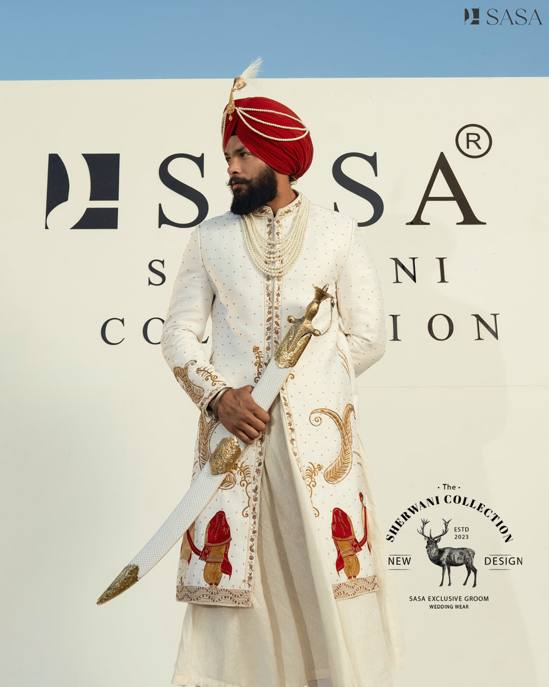 Elegant Off-White Sherwani Complemented by Rich Red Palla