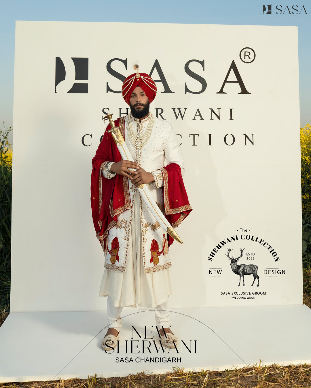 Elegant Off-White Sherwani Complemented by Rich Red Palla