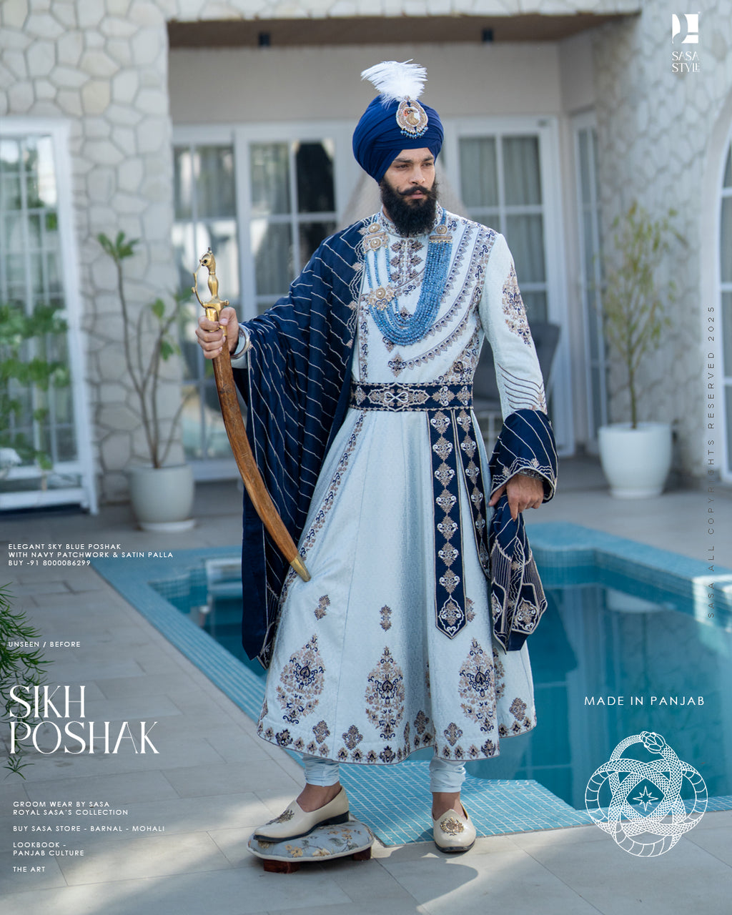 Elegant Sky Blue Poshak with Navy Patchwork & Satin Palla