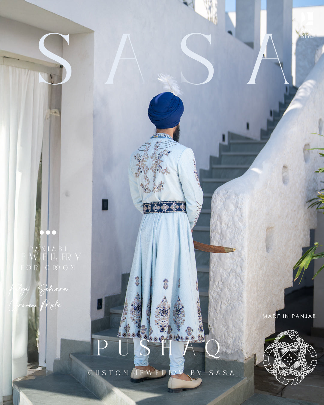 Elegant Sky Blue Poshak with Navy Patchwork & Satin Palla