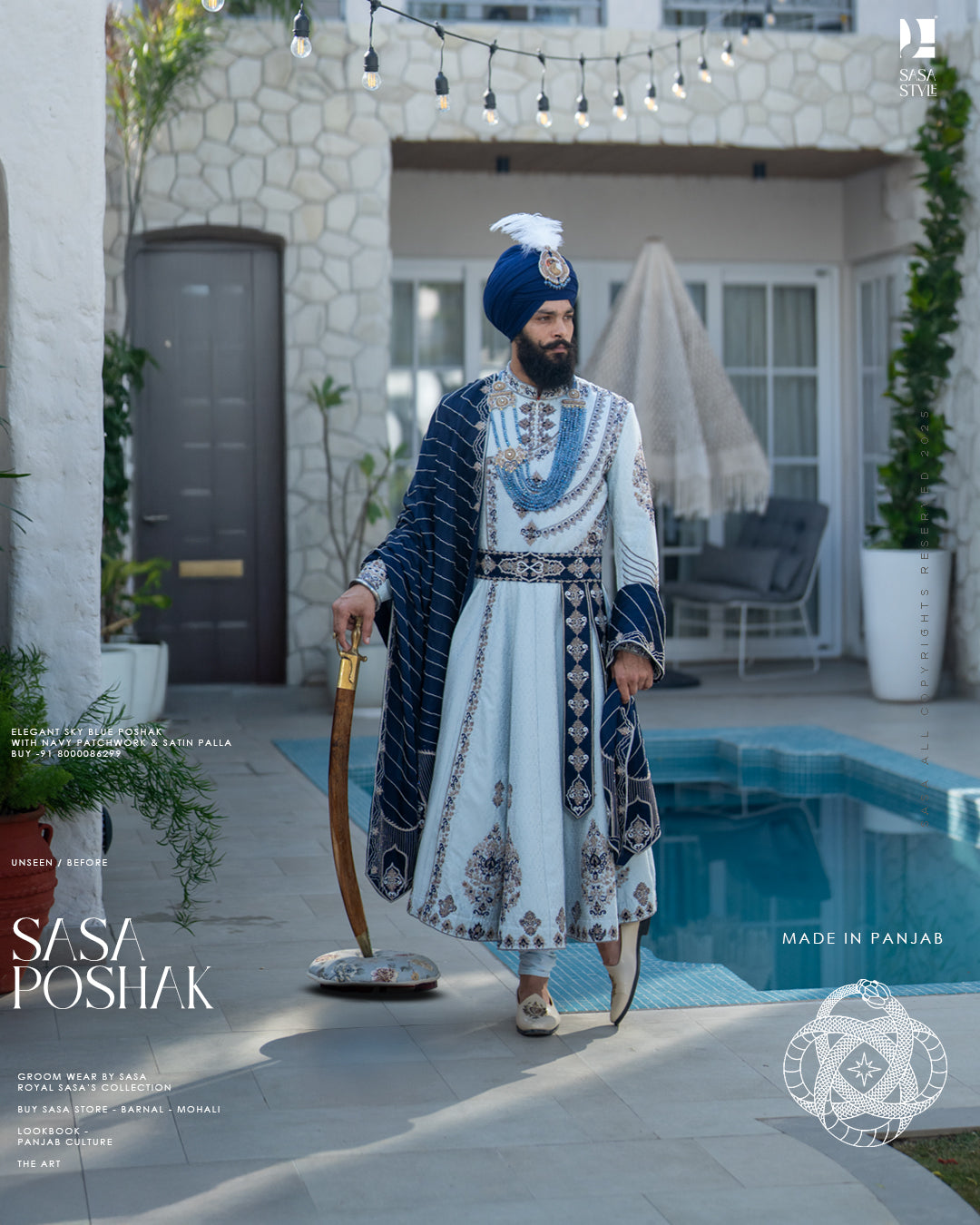 Elegant Sky Blue Poshak with Navy Patchwork & Satin Palla