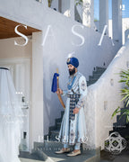 Elegant Sky Blue Poshak with Navy Patchwork & Satin Palla
