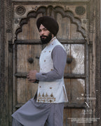 Embroidered Pastel Jacket with Slate Grey Kurta Pajama