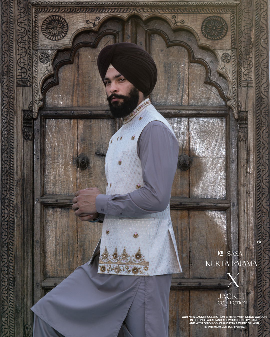 Embroidered Pastel Jacket with Slate Grey Kurta Pajama