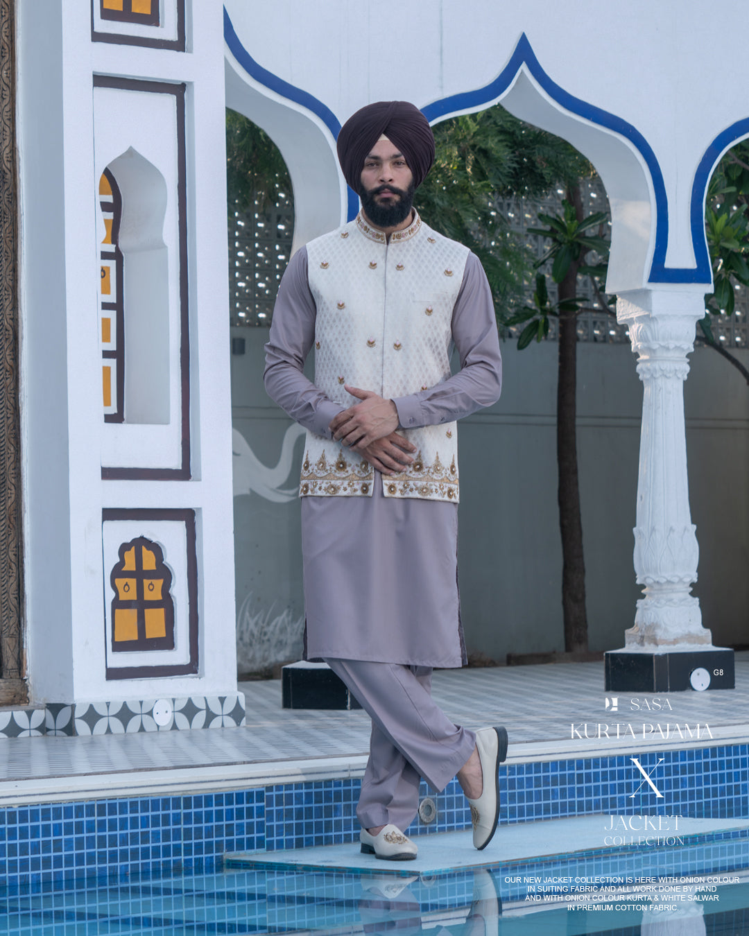 Embroidered Pastel Jacket with Slate Grey Kurta Pajama