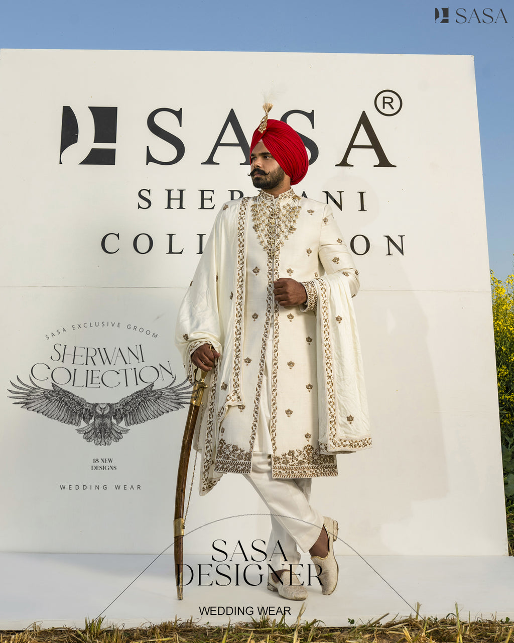 Exquisite Off-White Sherwani Set with Hand-Embroidered Palla