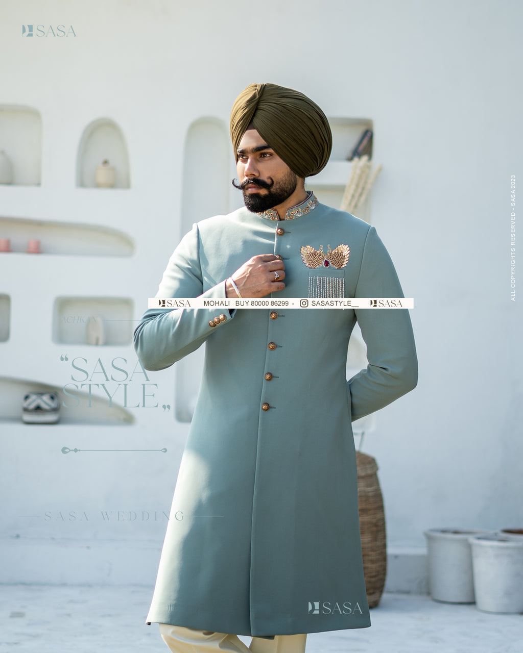 Exquisite Pastel Green Achkan with Kurta Pajama