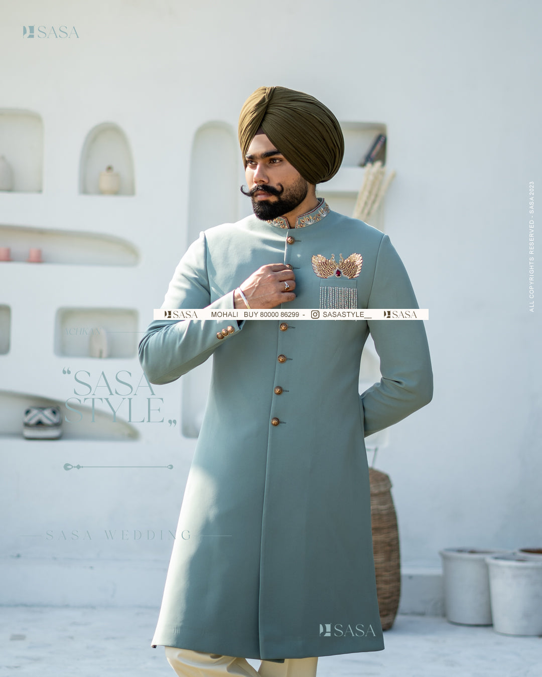 Exquisite Pastel Green Achkan with Kurta Pajama