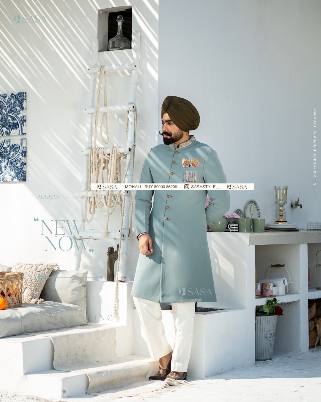 Exquisite Pastel Green Achkan with Kurta Pajama