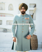 Exquisite Pastel Green Achkan with Kurta Pajama