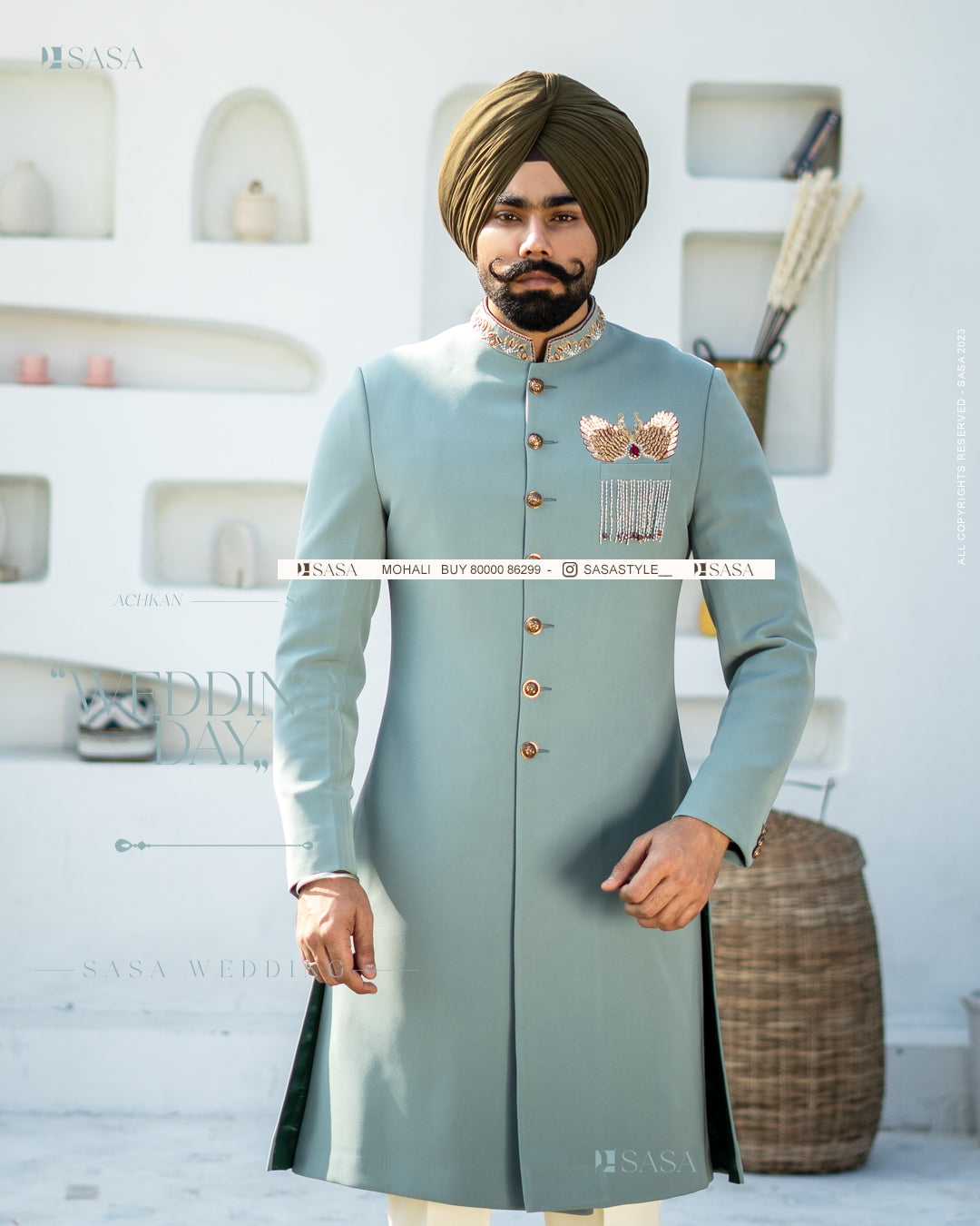 Exquisite Pastel Green Achkan with Kurta Pajama