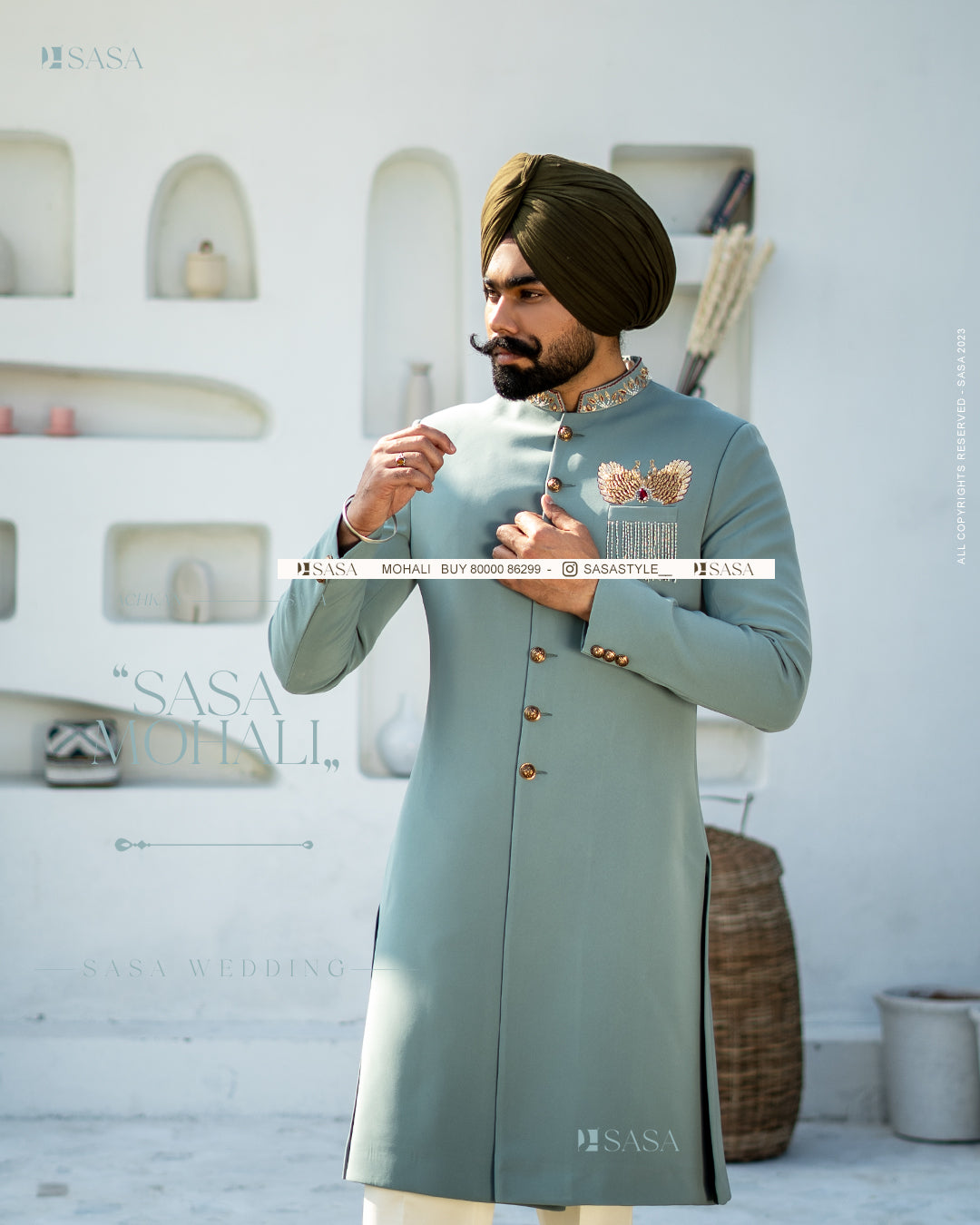 Exquisite Pastel Green Achkan with Kurta Pajama