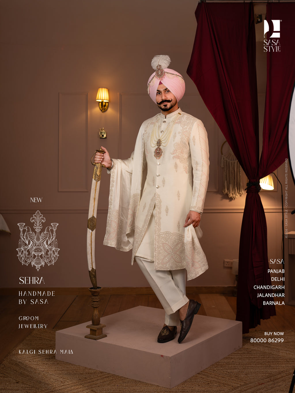 Pearl White Sherwani with Dusty Rose Embroidery