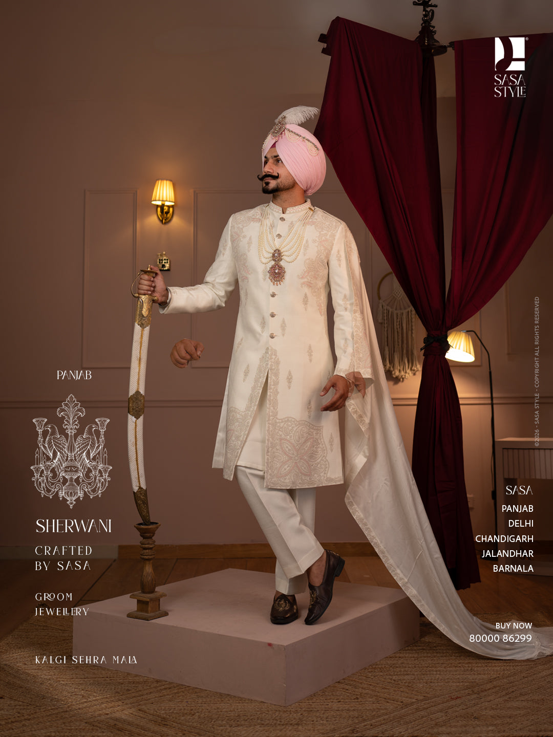 Pearl White Sherwani with Dusty Rose Embroidery