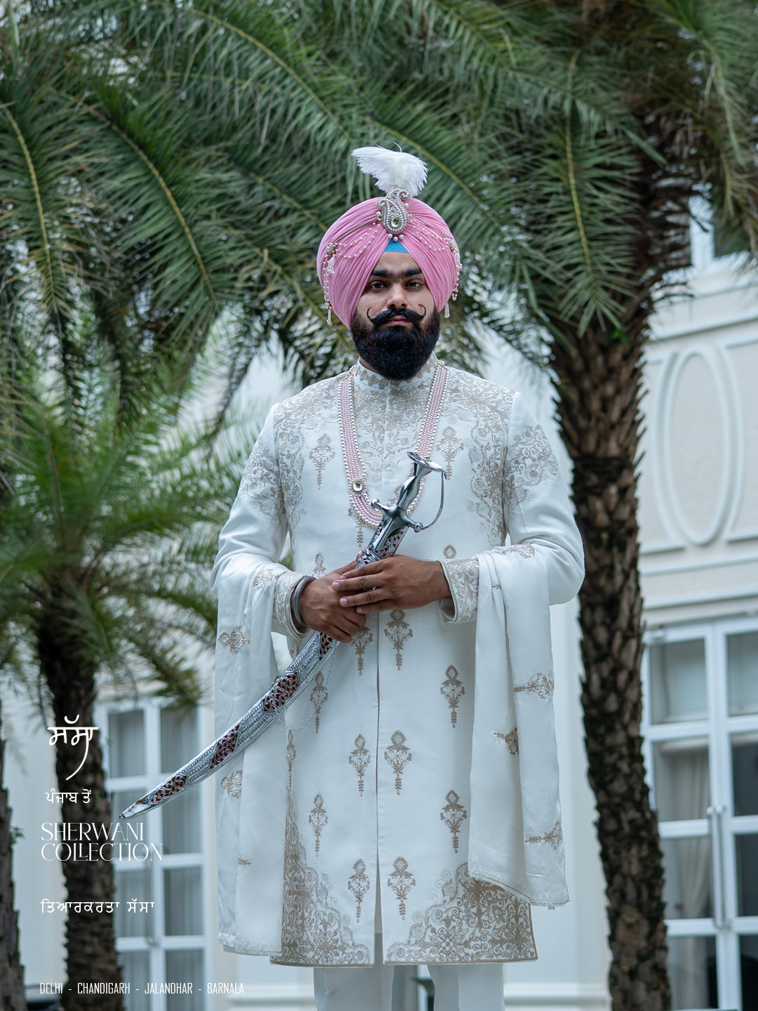 White Sherwani with Taupe Floral Embroidery