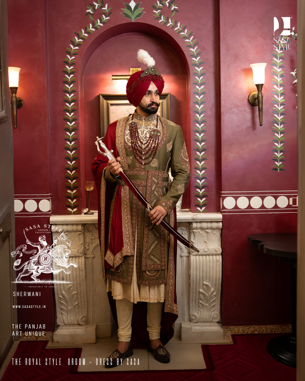 Majestic Mehndi Green and Maroon Sherwani for Sikh Wedding