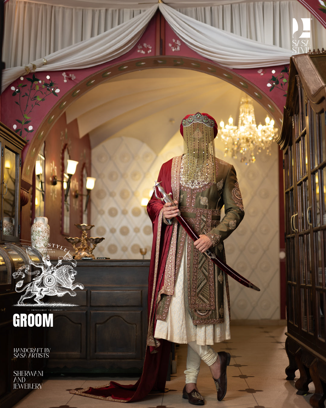 Majestic Mehndi Green and Maroon Sherwani for Sikh Wedding