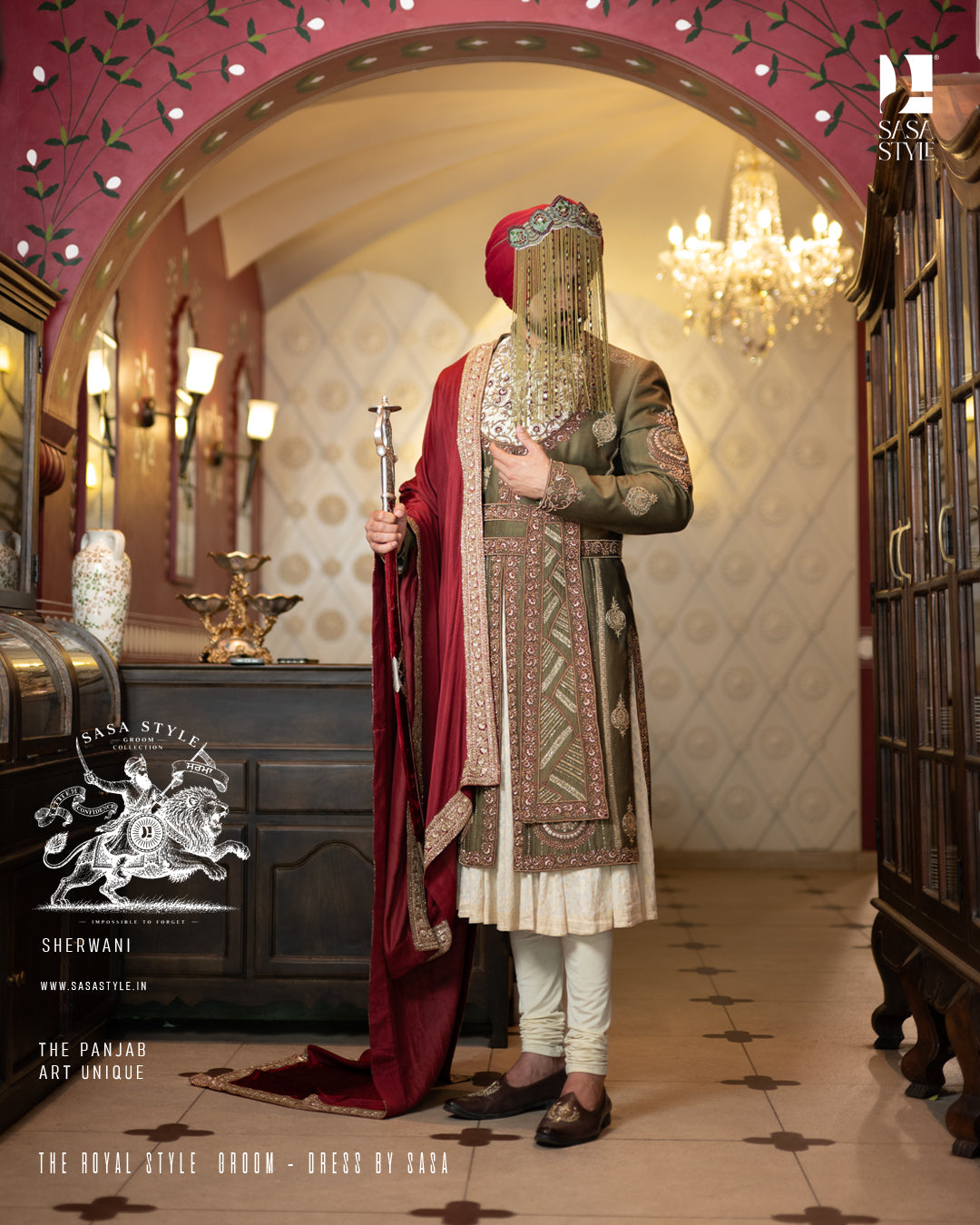 Majestic Mehndi Green and Maroon Sherwani for Sikh Wedding