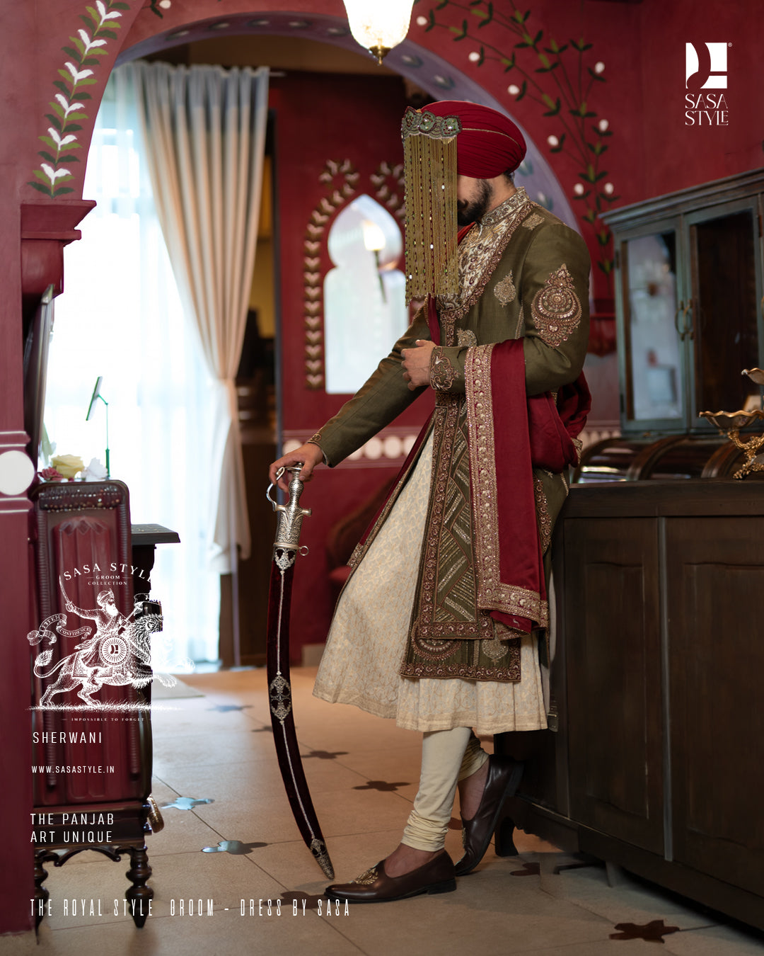 Majestic Mehndi Green and Maroon Sherwani for Sikh Wedding