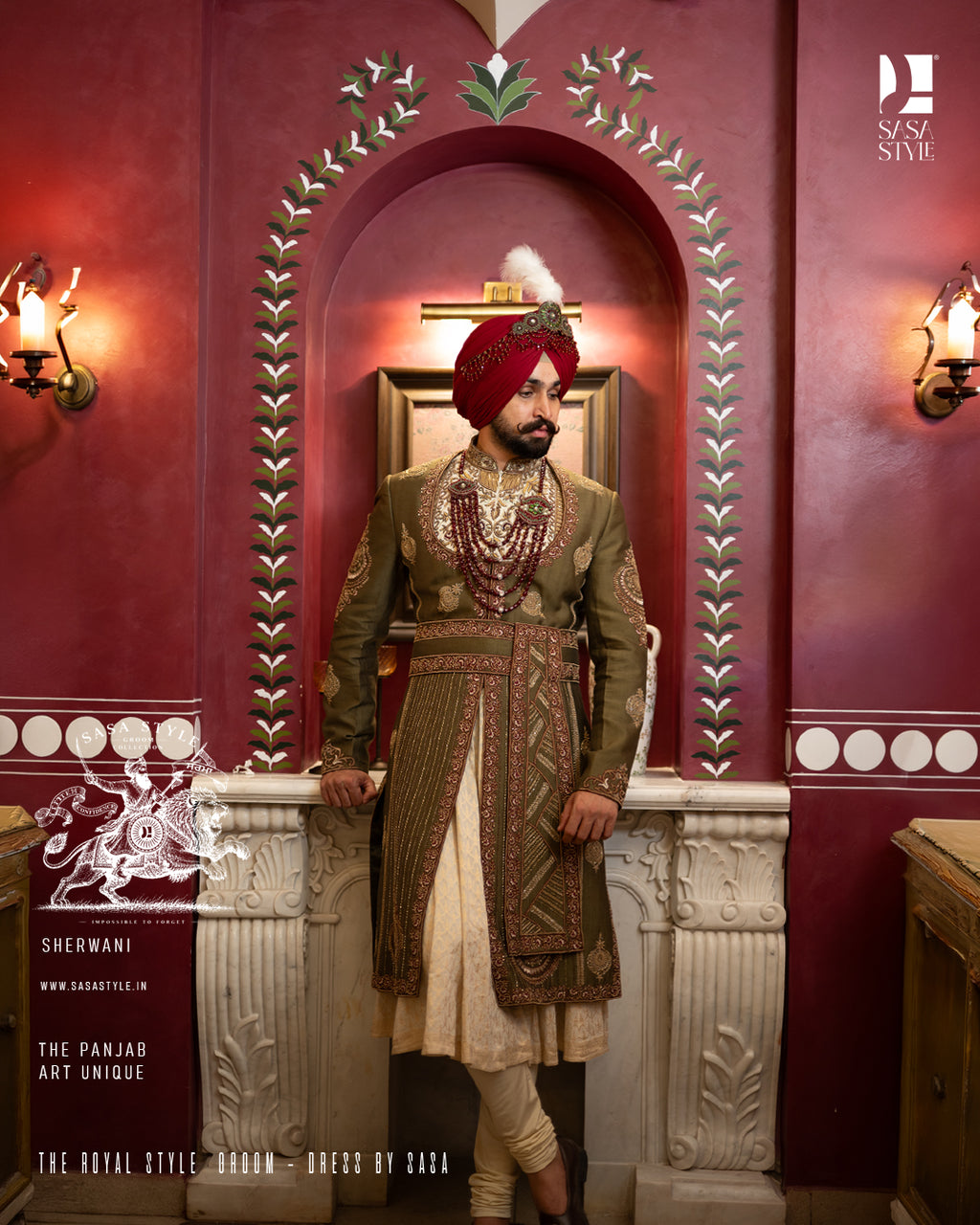 Majestic Mehndi Green and Maroon Sherwani for Sikh Wedding