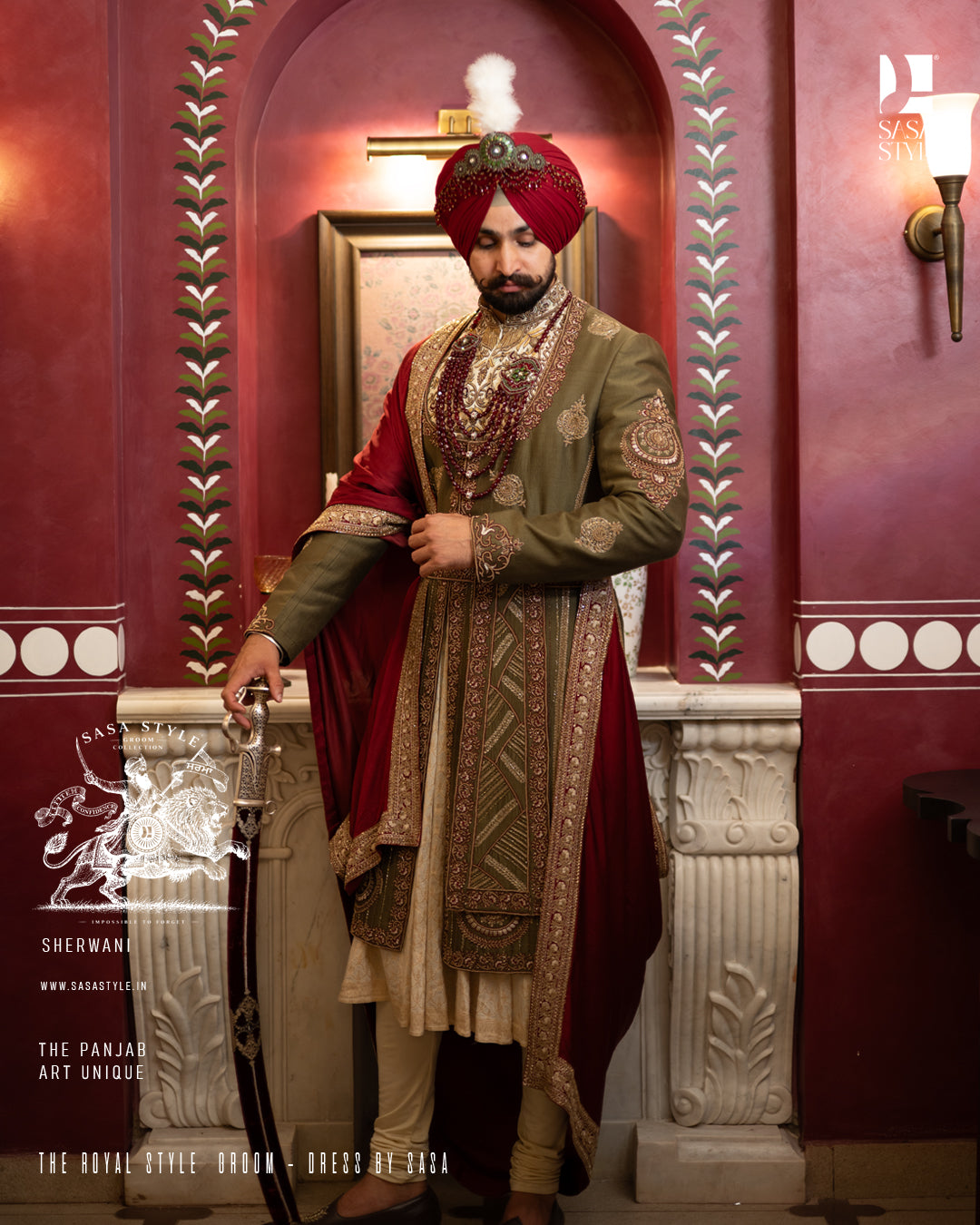 Majestic Mehndi Green and Maroon Sherwani for Sikh Wedding
