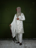 White Sherwani with Intricate Green Embroidery