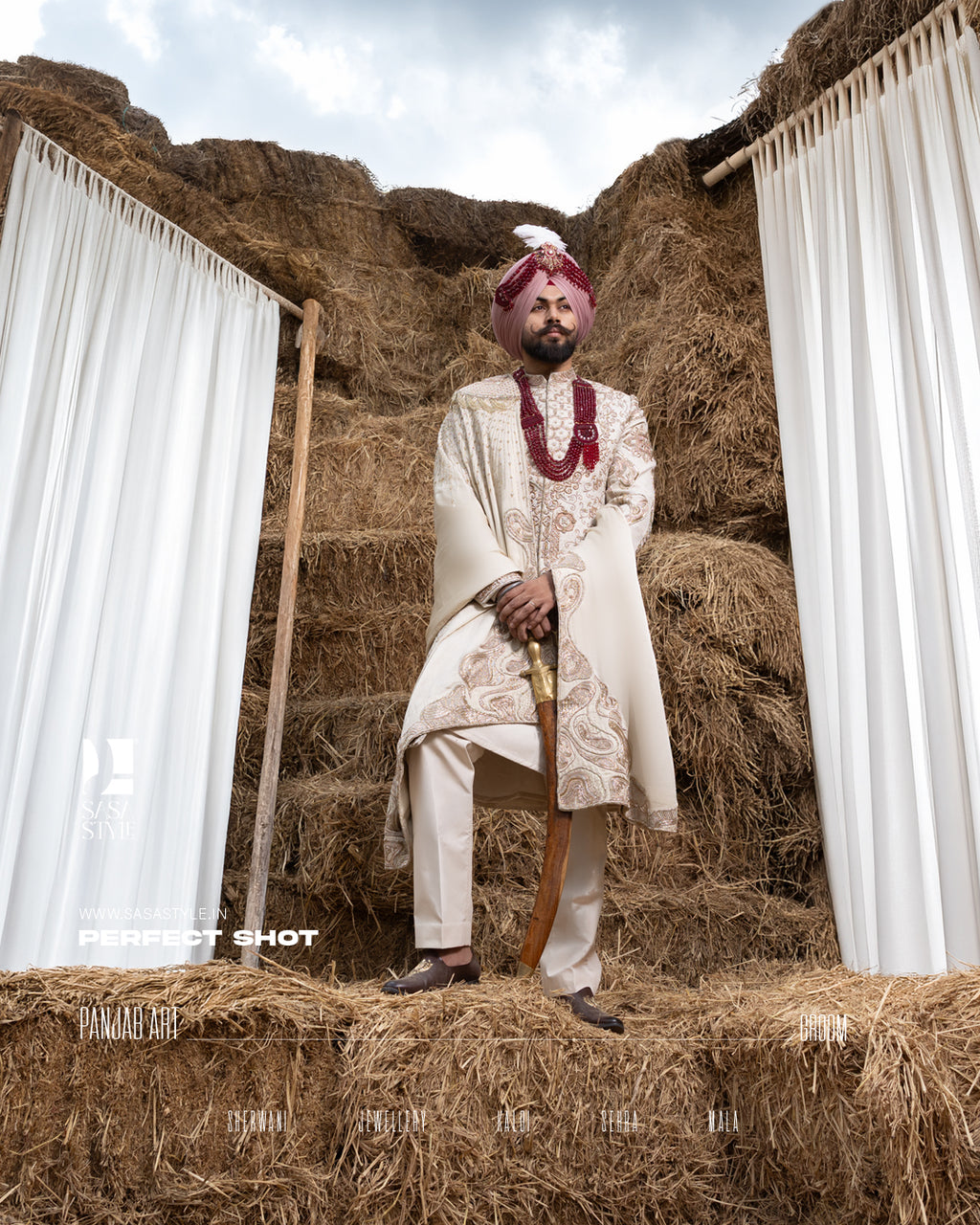 Off-White Royal Sherwani with Traditional Sehra and Red Accents