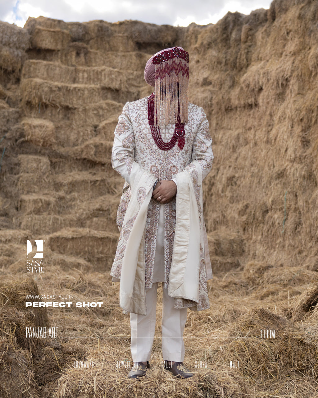 Off-White Royal Sherwani with Traditional Sehra and Red Accents