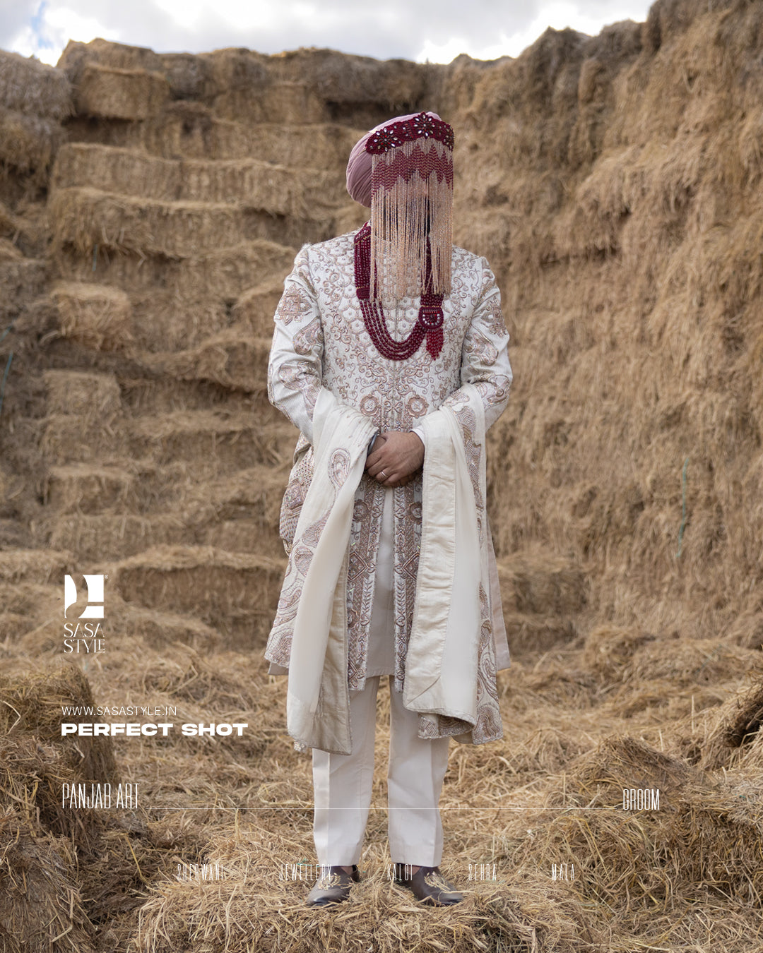 Off-White Royal Sherwani with Traditional Sehra and Red Accents