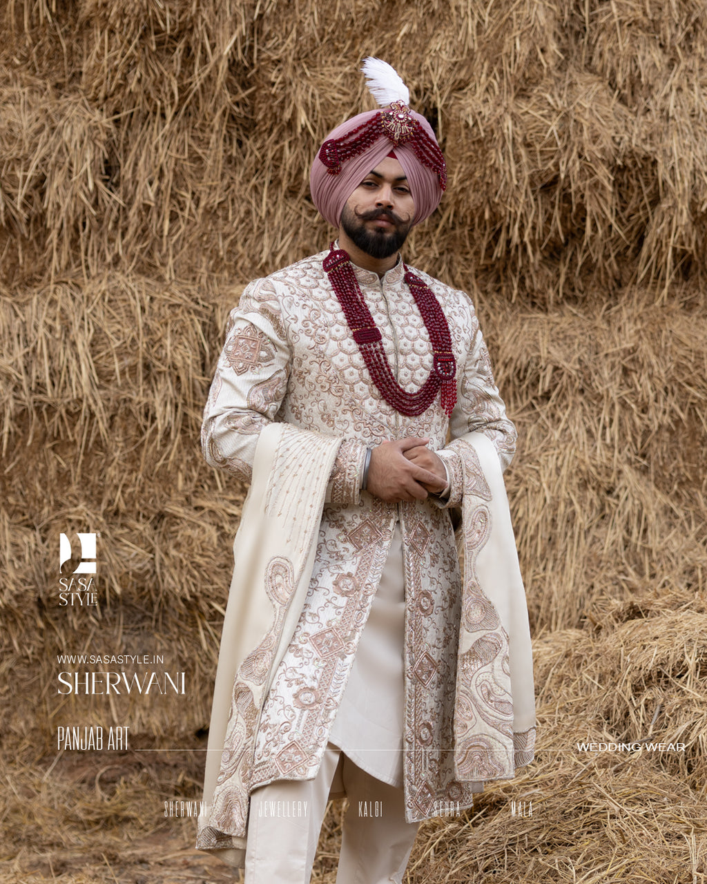 Off-White Royal Sherwani with Traditional Sehra and Red Accents