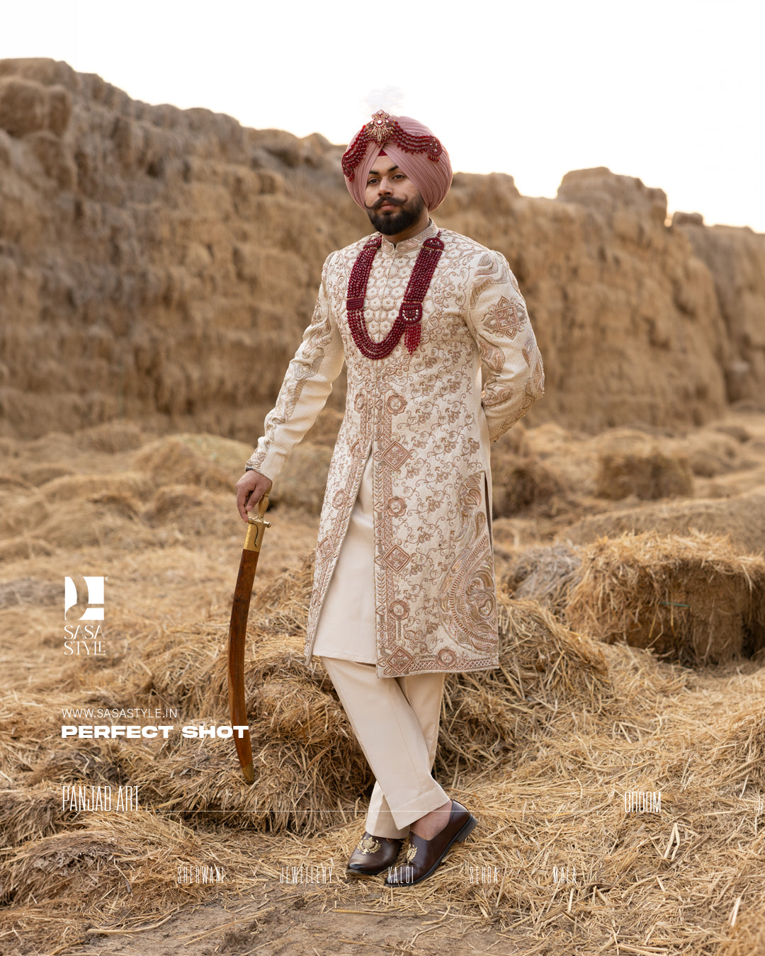 Off-White Royal Sherwani with Traditional Sehra and Red Accents